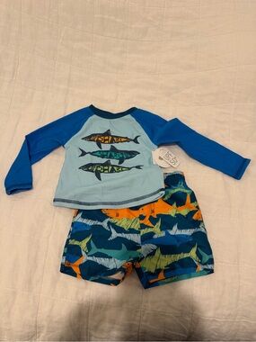 Mud Pie Boys Blue & Aqua Shark Rashguard Set, Size 6-9 month